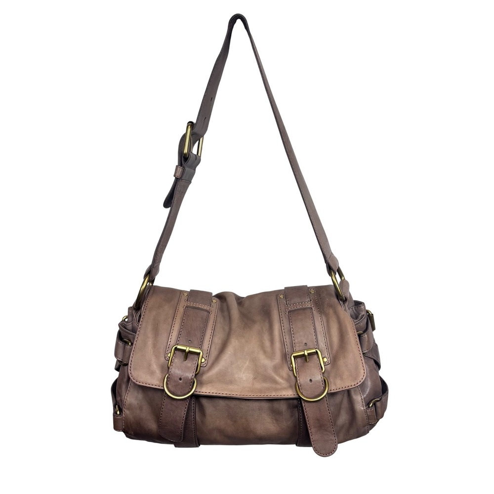 Kooba Leather Shoulder Bag Crossbody Distressed Brown Gray Buckle Boho Grunge